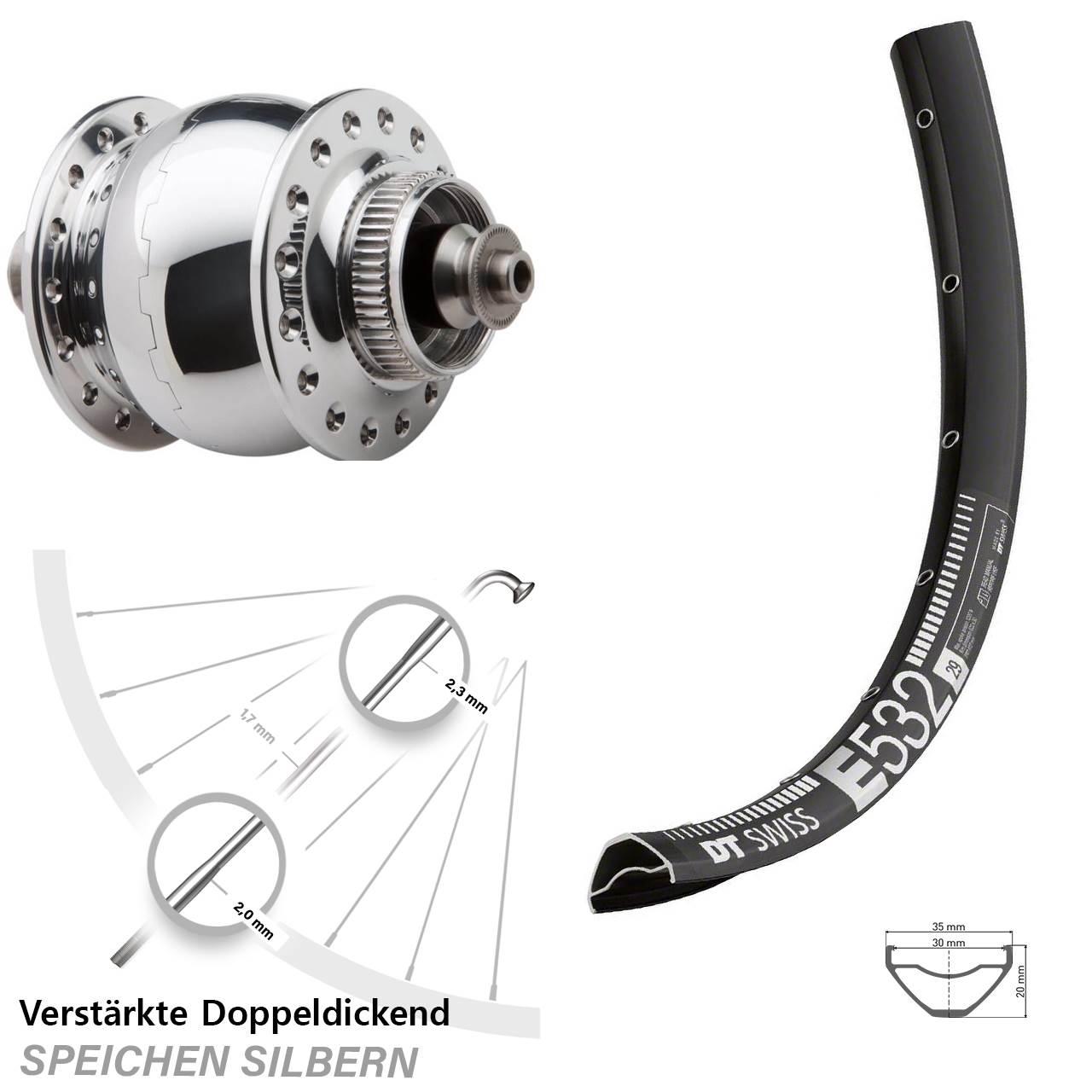 29 Zoll DT Swiss E532 SON 28 poliert Disc Nabendynamovorderrad QR