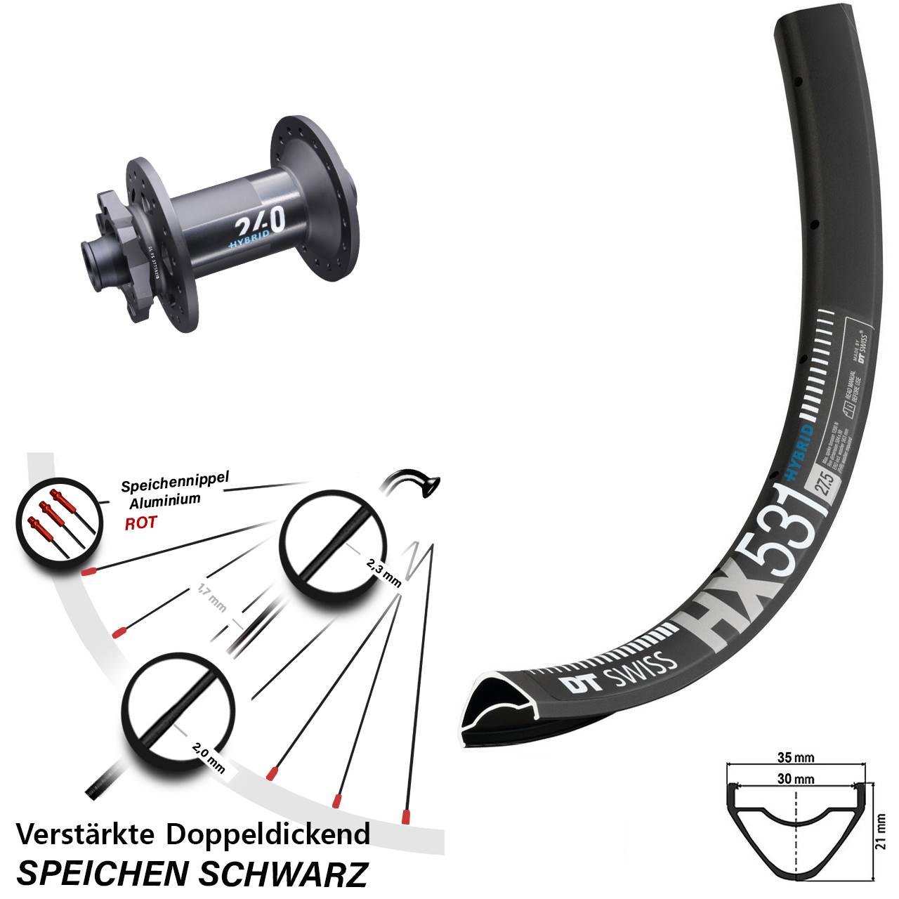 E-Bike Vorderrad 15x110 mm HX 531 DT Swiss 240 Hybrid Boost 6-loch verstärkt