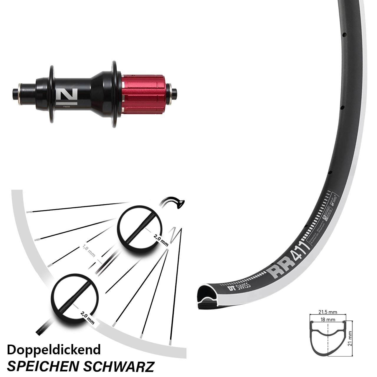 DT Swiss RR 411 Rennrad Hinterrad 28 Zoll Novatec