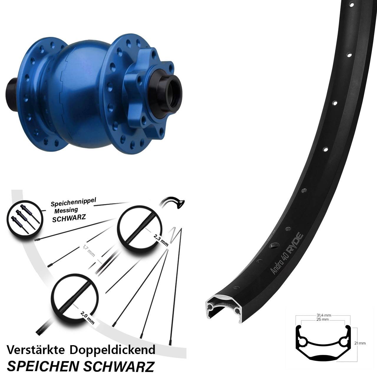 27,5 Zoll Ryde Andra 40 SON 28 blau Disc Vorderrad mit Nabendynamo 15x110 Boost