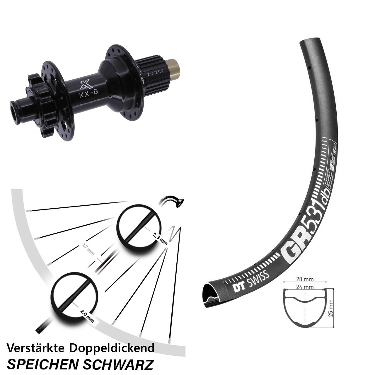 27,5 Zoll DT Swiss GR531 KX-B Hinterrad 6-Loch 12x148 Micro Spline