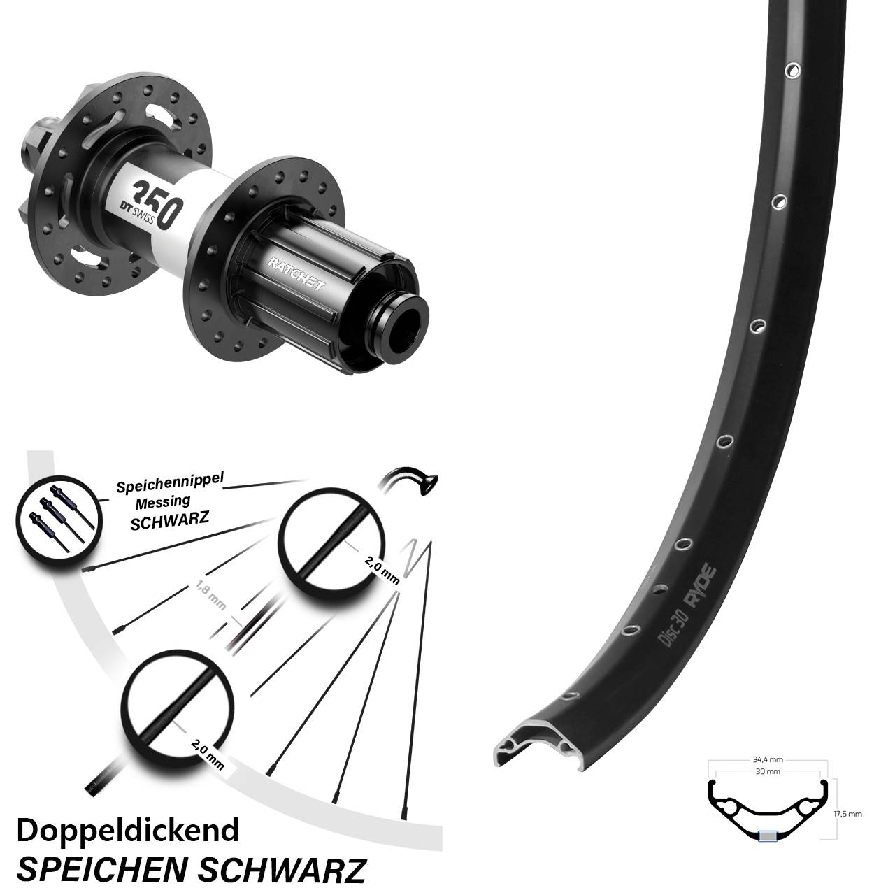 Ryde Disc 30 DT Swiss 350 27,5 Zoll Disc Hinterrad 12x157 8-11 fach HG