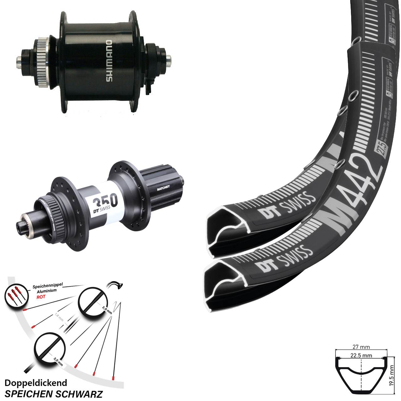 DT Swiss M442-350 Ratchet 36 Shimano DH-UR700 28-29 Zoll Laufrad-Satz QR 8-11 fach HG