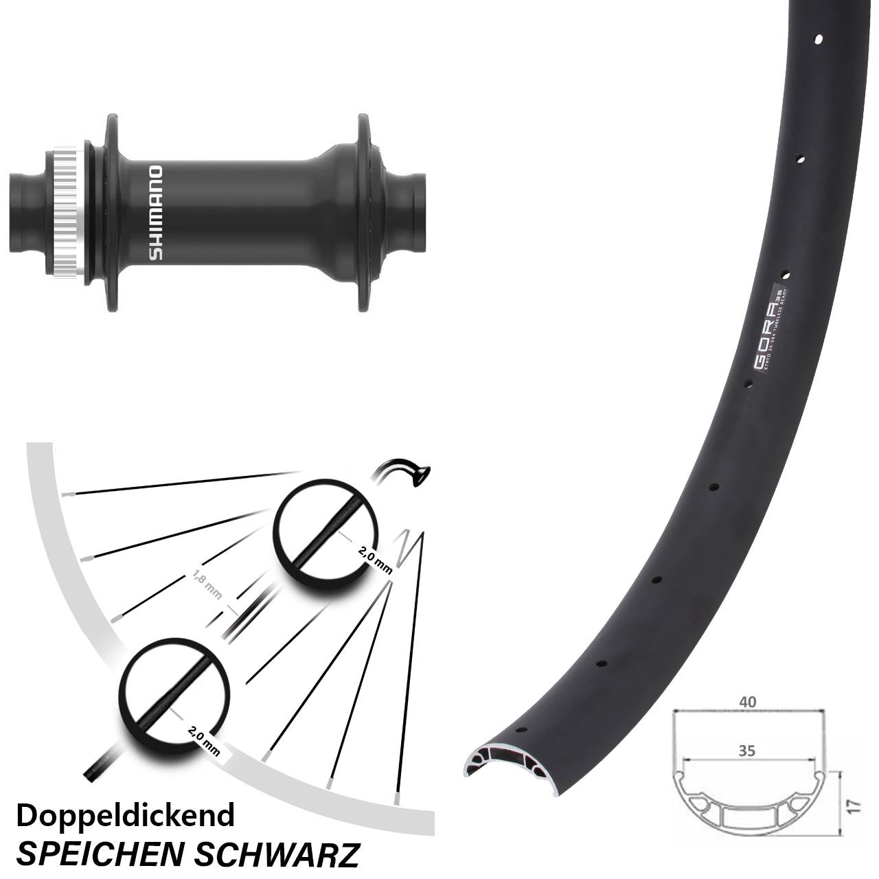 Boost Disc Vorderrad 15x110 27,5 Zoll Gora 35 Shimano HB-MT410-B