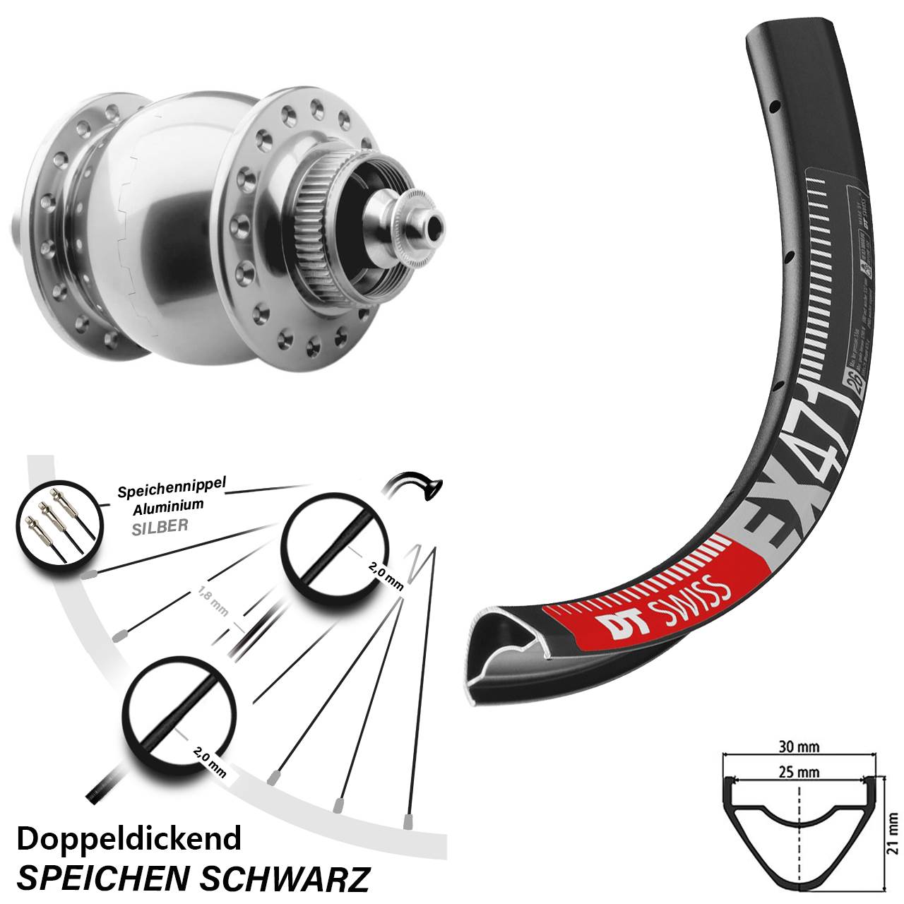 Disc Laufrad mit Nabendynamo QR 27,5 Zoll DT Swiss EX471 SON 28 silbern