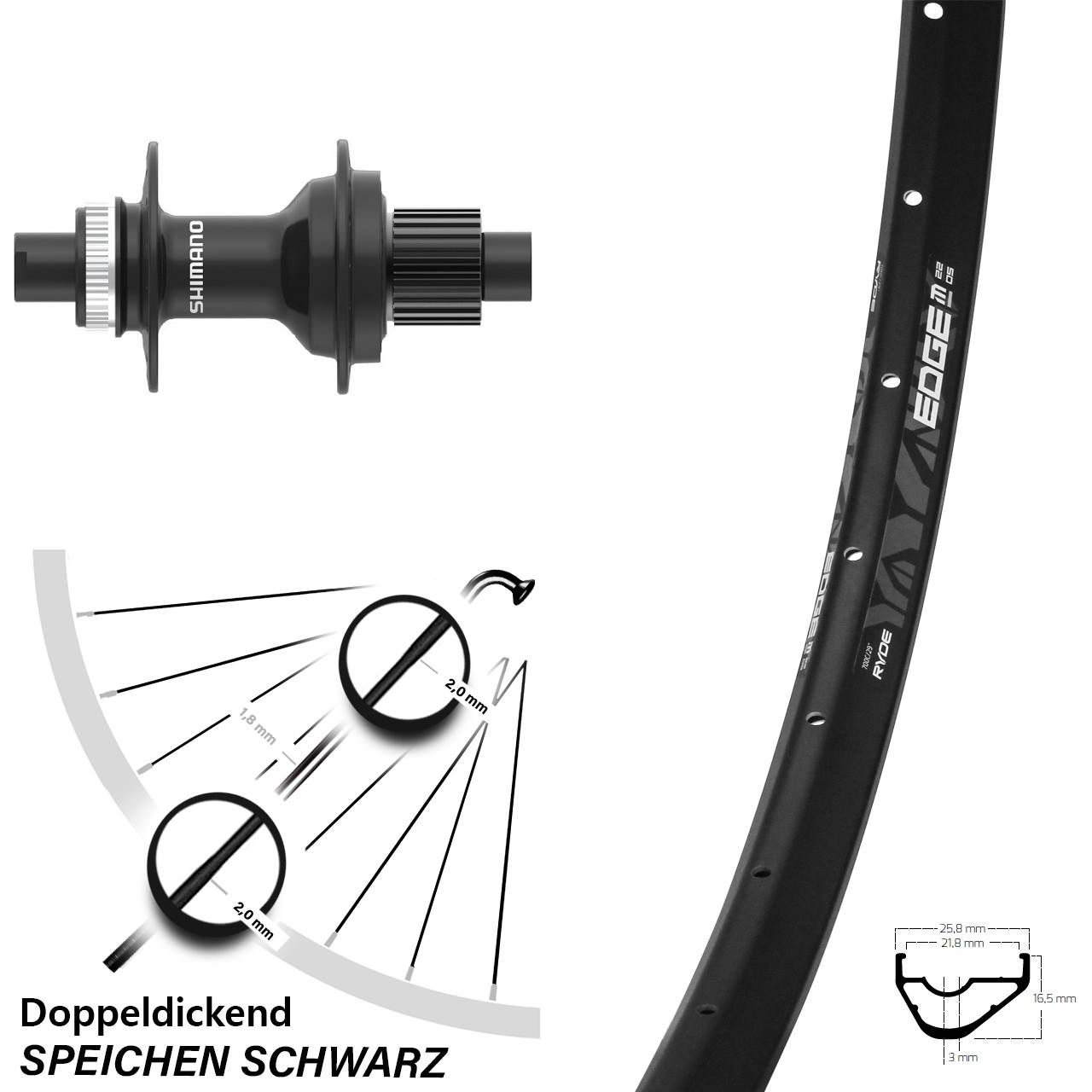 Hinterrad Centerlock 29 Zoll Ryde Edge M22 Shimano FH-MT410 Shimano Micro Spline 12x142