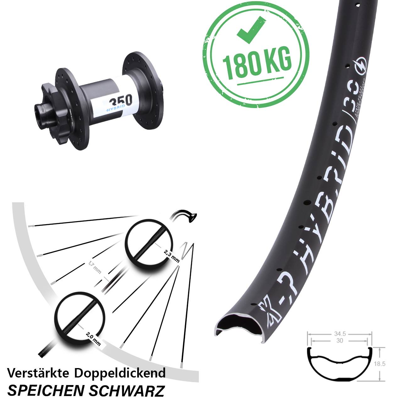 DT Swiss 350 E-Bike Boost 15x110 mm KX-R Hybrid 30 Vorderrad 29 Zoll 30-622 ETRTO 6-Loch
