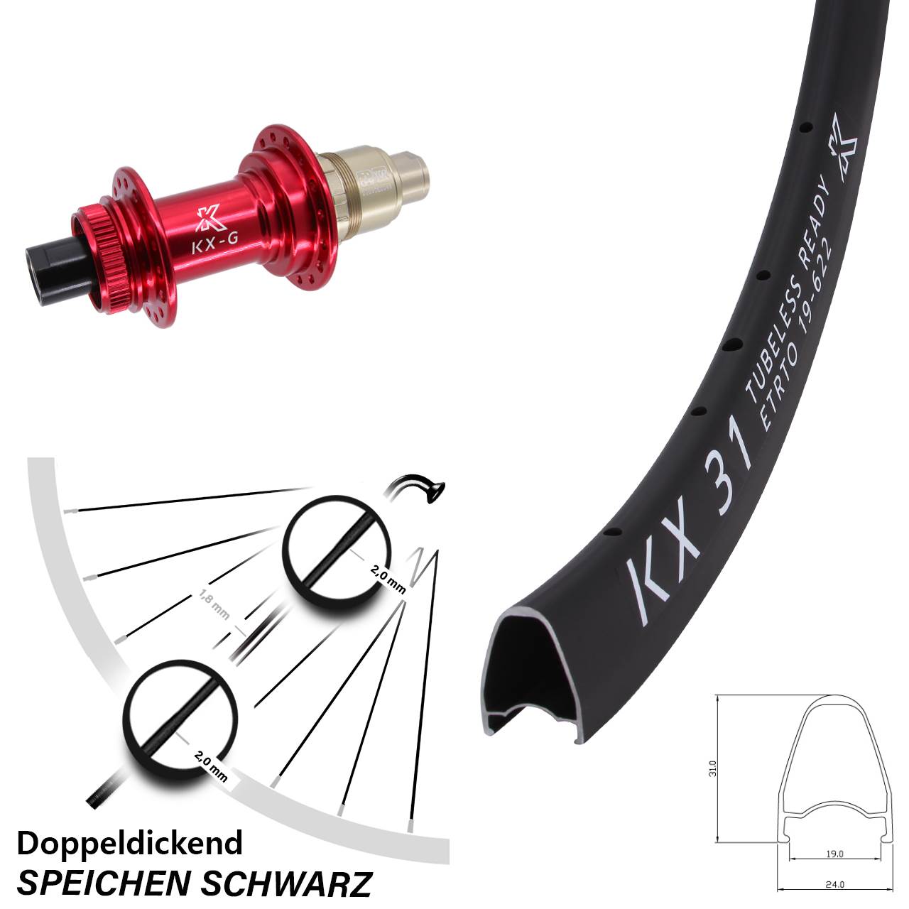 Disc Laufrad 28 Zoll KX-G 31 rot 12x142