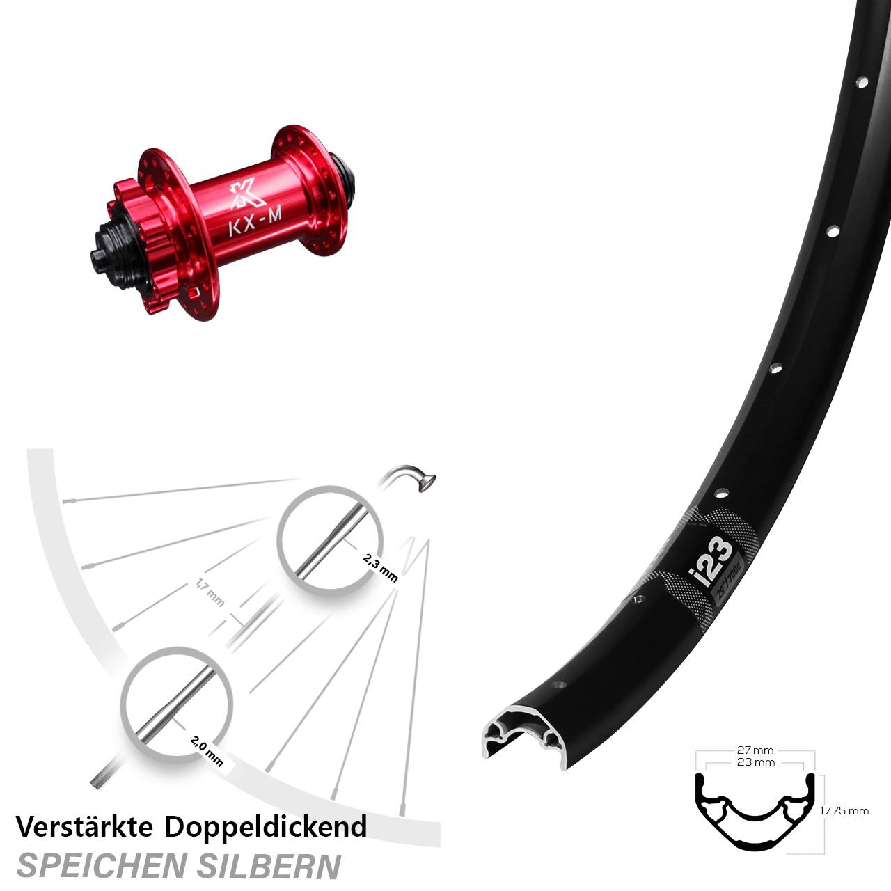 29 Zoll WTB i23 KX-M rot Vorderrad 6-Loch für Schnellspanner