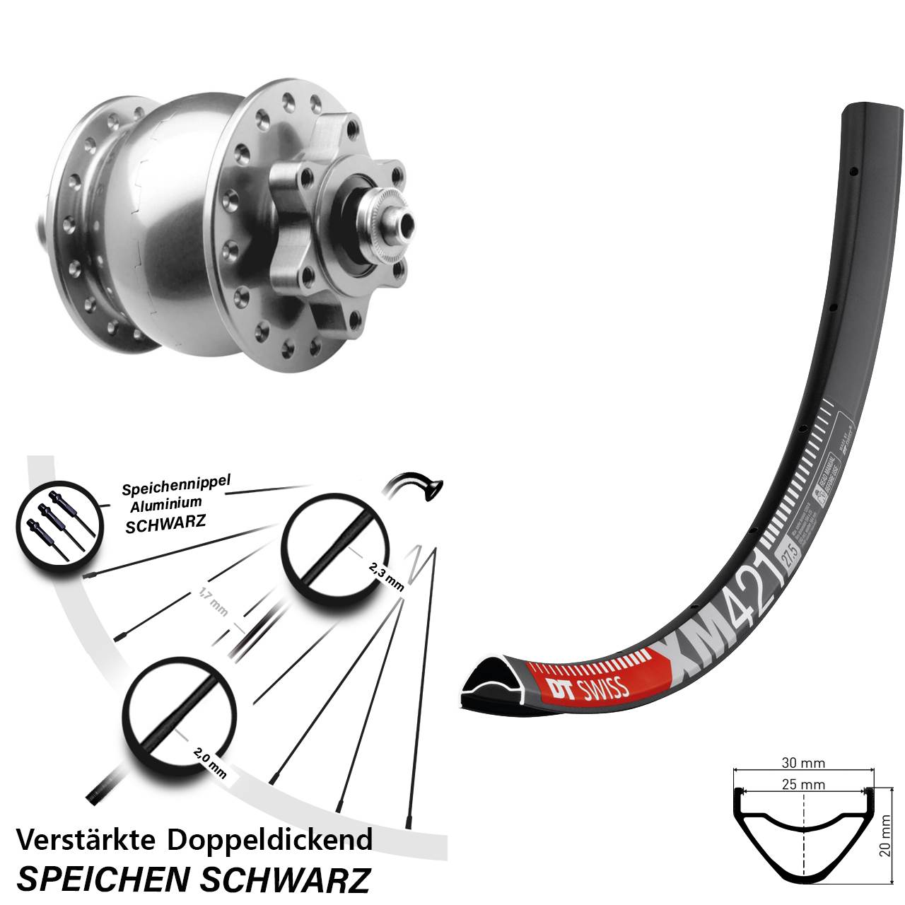 SON 28 silbern DT Swiss XM 421 650B Disc Vorderrad mit Nabendynamo für Schnellspanner