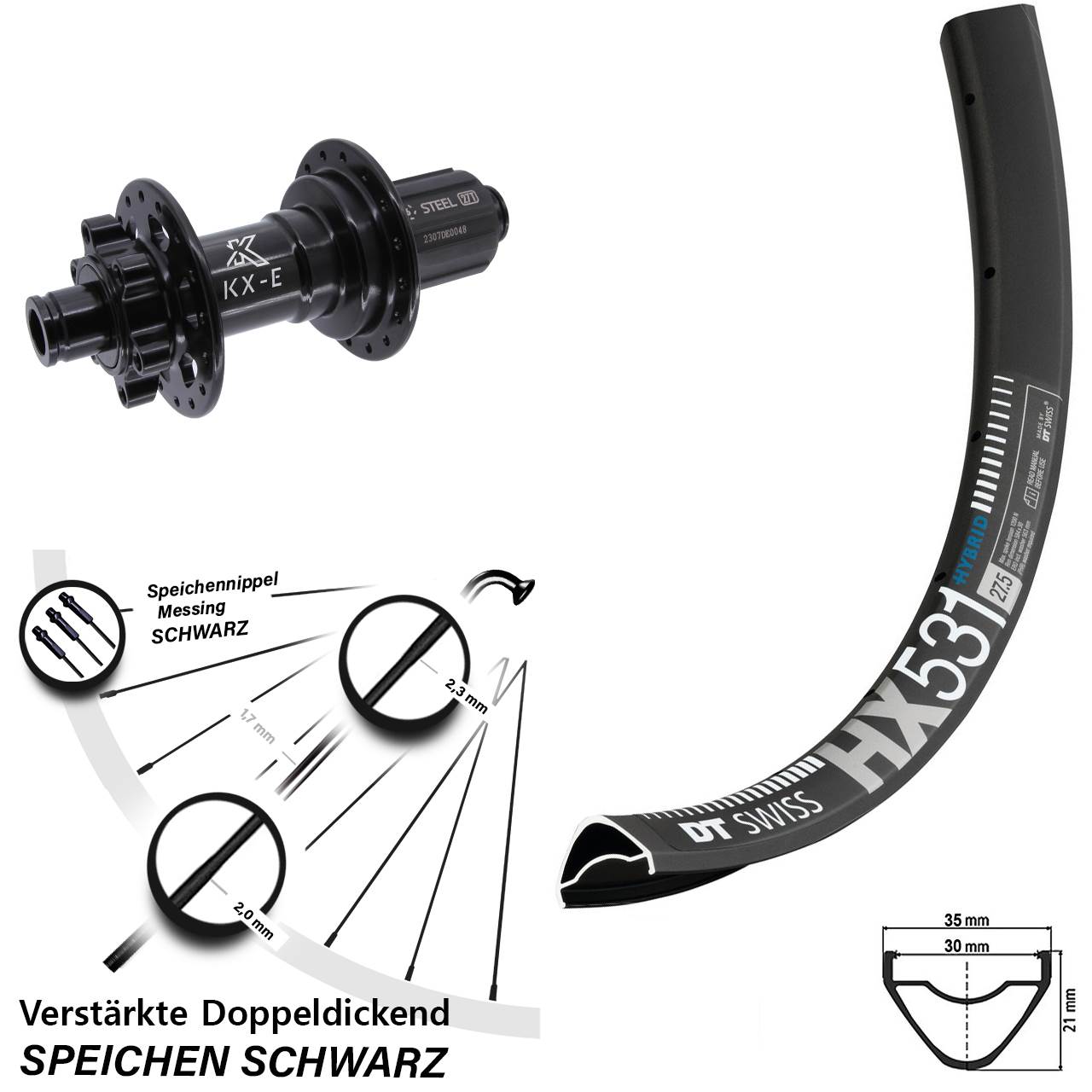 6-Loch Hinterrad 27,5 Zoll DT Swiss HX 531 KX-E Stahl Freilauf 8-12 fach HG 12x148 Boost