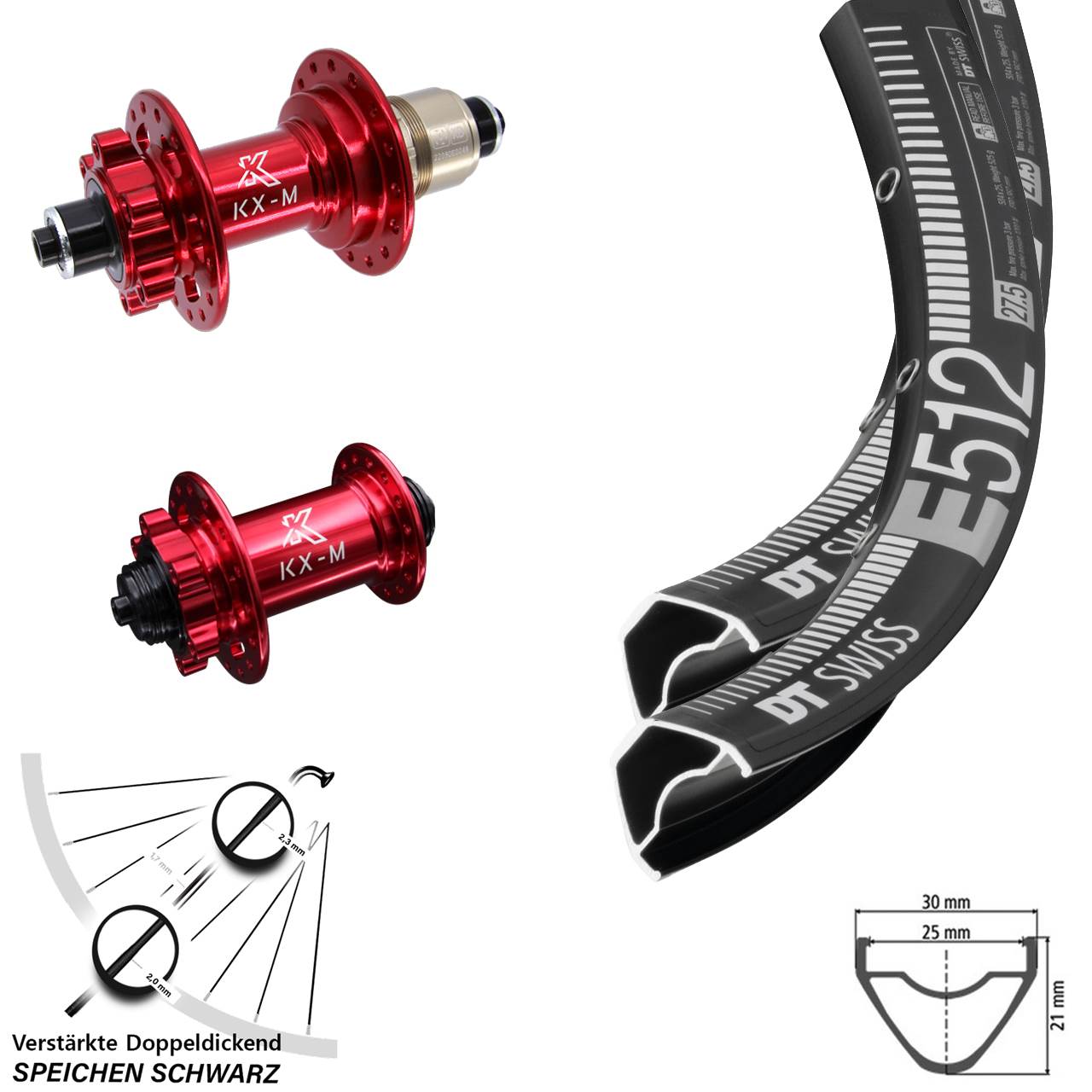 6-Loch 29 Zoll Laufradsatz für Schnellspanner DT Swiss E 512 KX-M rot XD