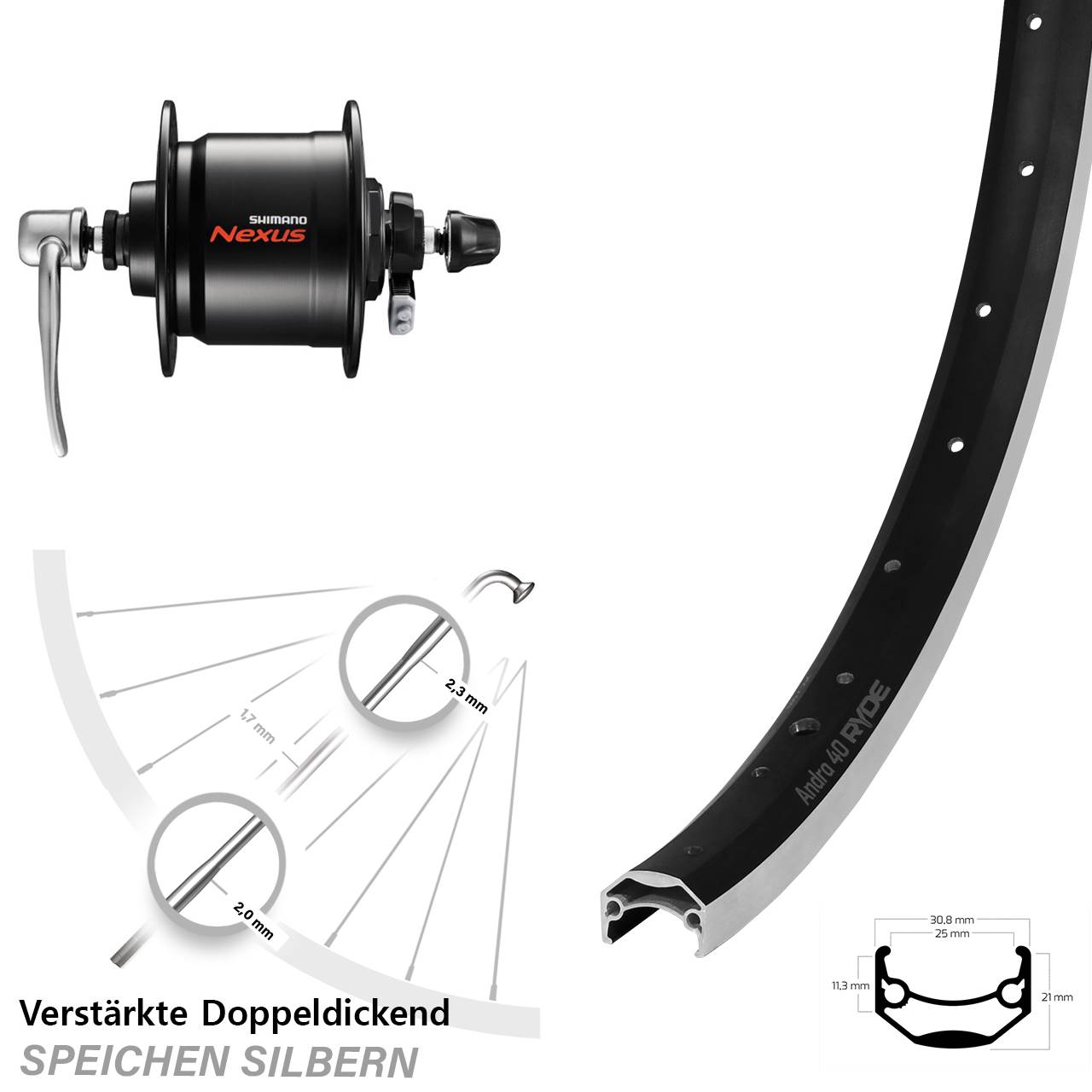 28 Zoll Ryde Andra 40 Shimano DH-C3000-3N Dynamo-Vorderrad QR
