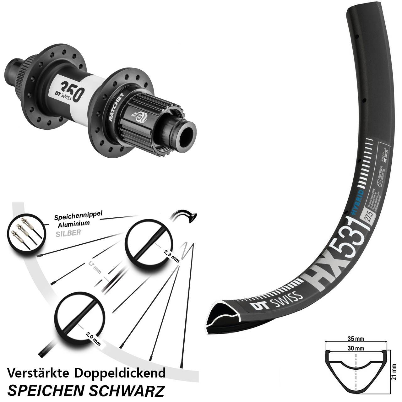 29 Zoll DT Swiss HX531-350 Ratchet 36 Centerlock Hinterrad 12x142 Shimano Micro Spline