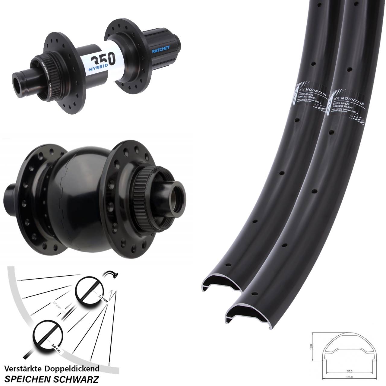 Laufradsatz 15x110 12x148 29 Zoll KX Mountain TR DT Swiss 350 Hybrid SON 28 8-11 fach