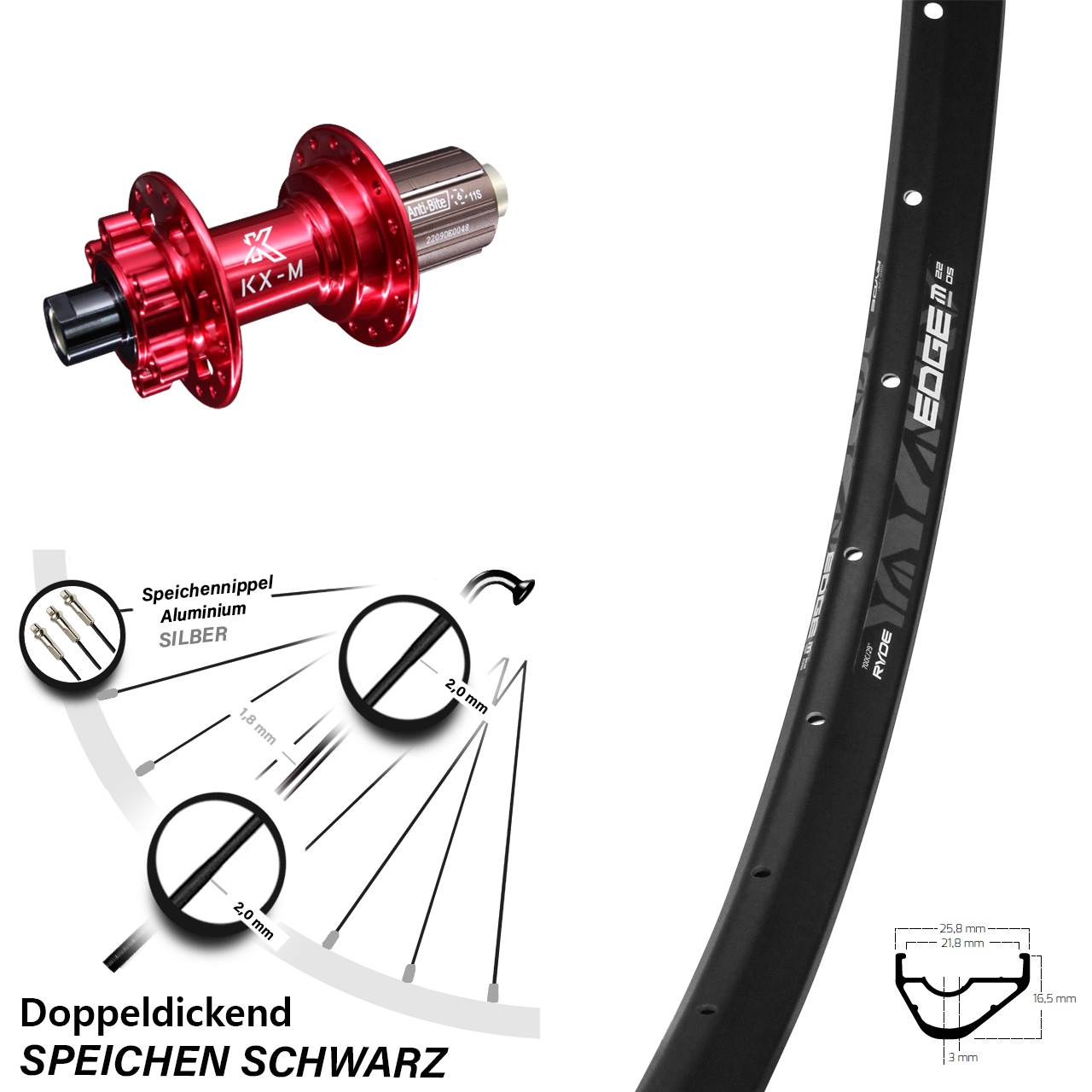 29 Zoll Hinterrad Ryde Edge M22 OS mit KX-M 11-fach 6-loch Nabe rot eloxiert Steckachse
