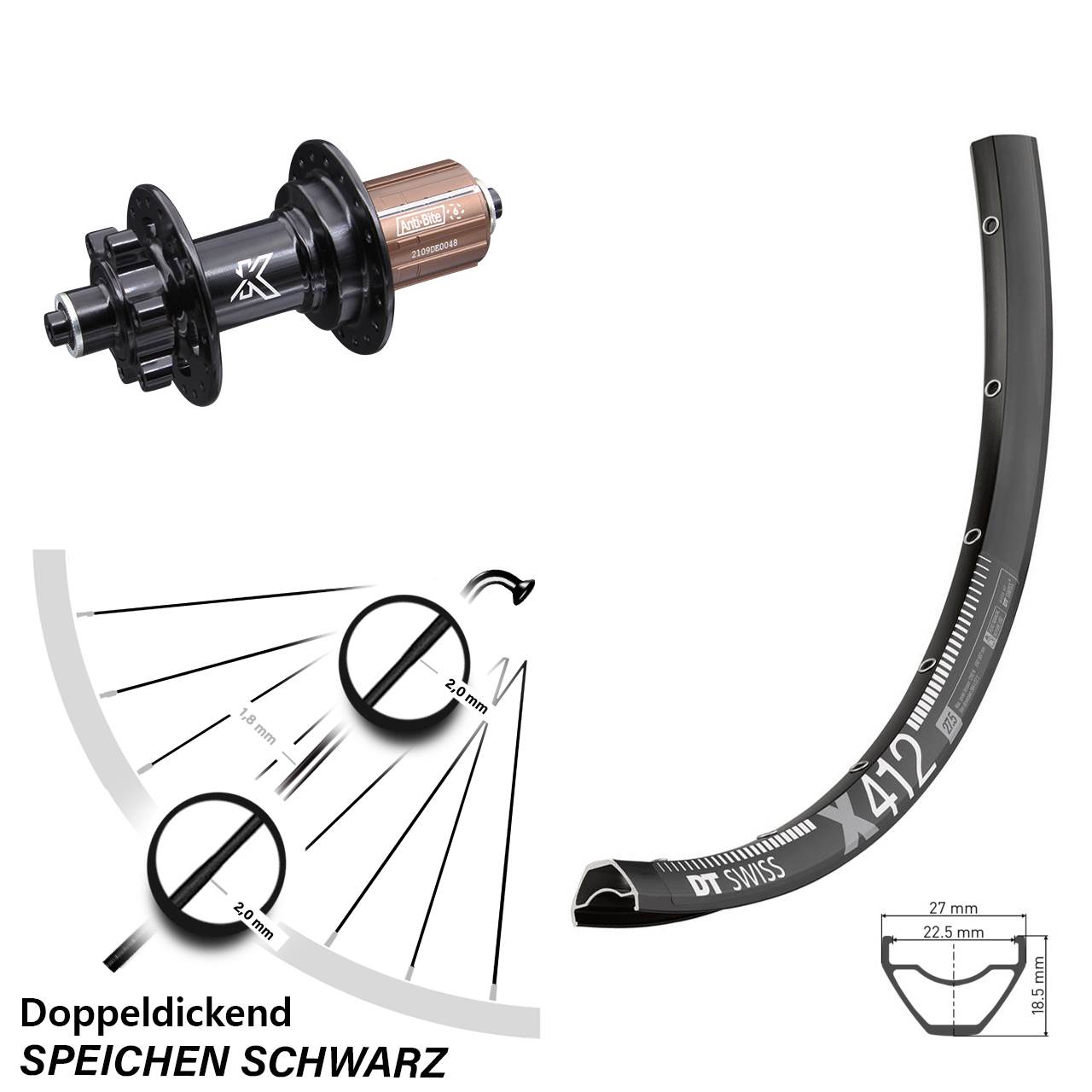 28 Zoll DT Swiss X412 KX-M Disc Laufrad für Schnellspanner 8-12 fach HG