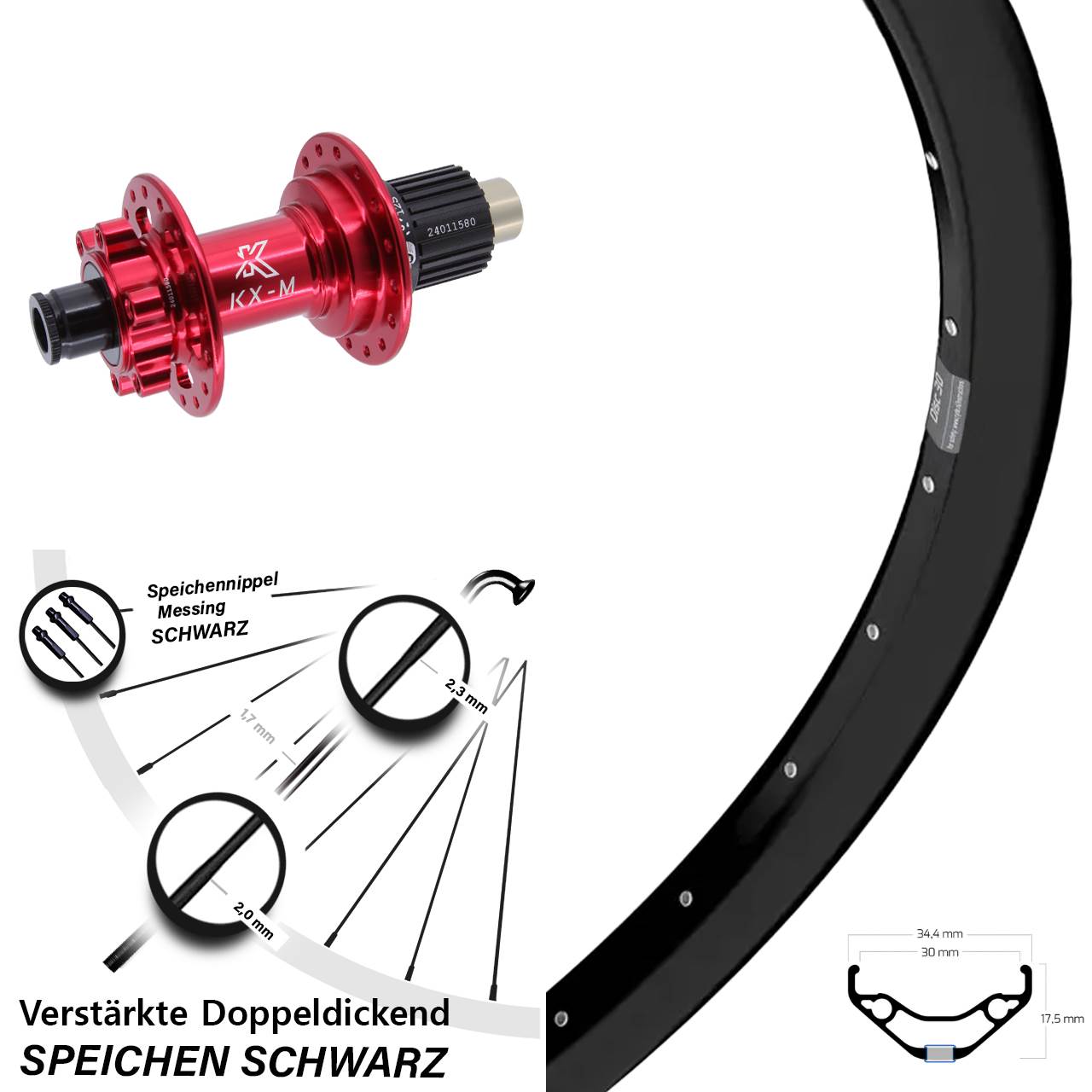 Hinterrad 27,5 Zoll Ryde Disc 30 KX-M rot Shimano Micro Spline 12x142