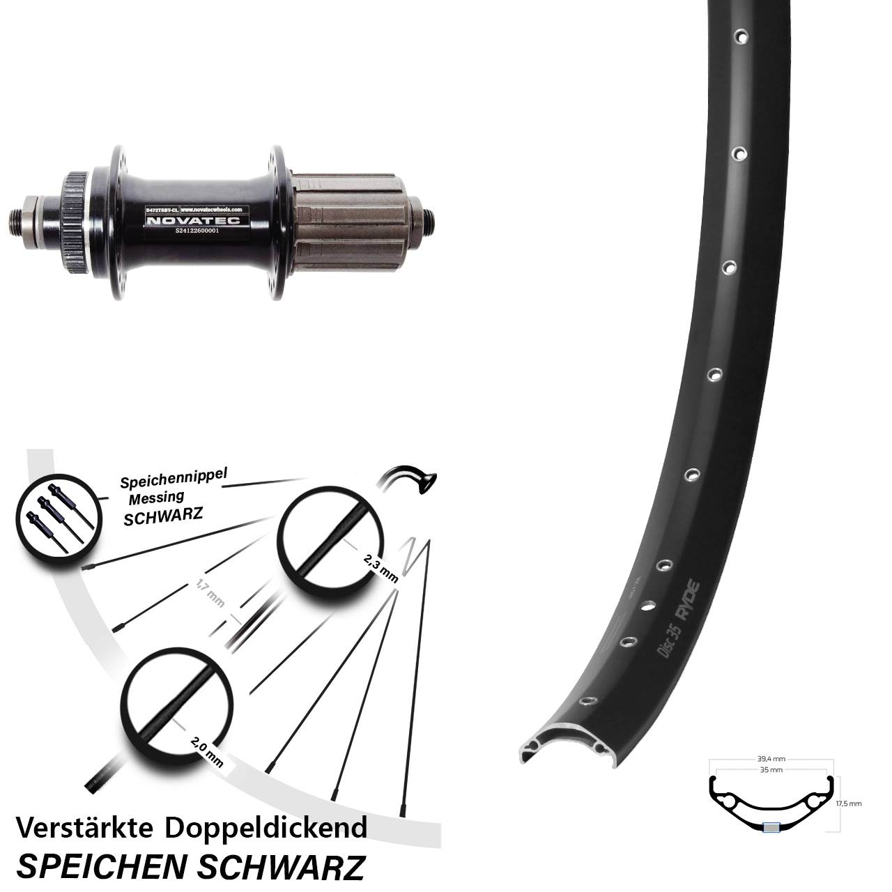 Hinterrad Centerlock 29 Zoll Ryde Disc 35 Novatec D472 8-12 fach für Schnellspanner