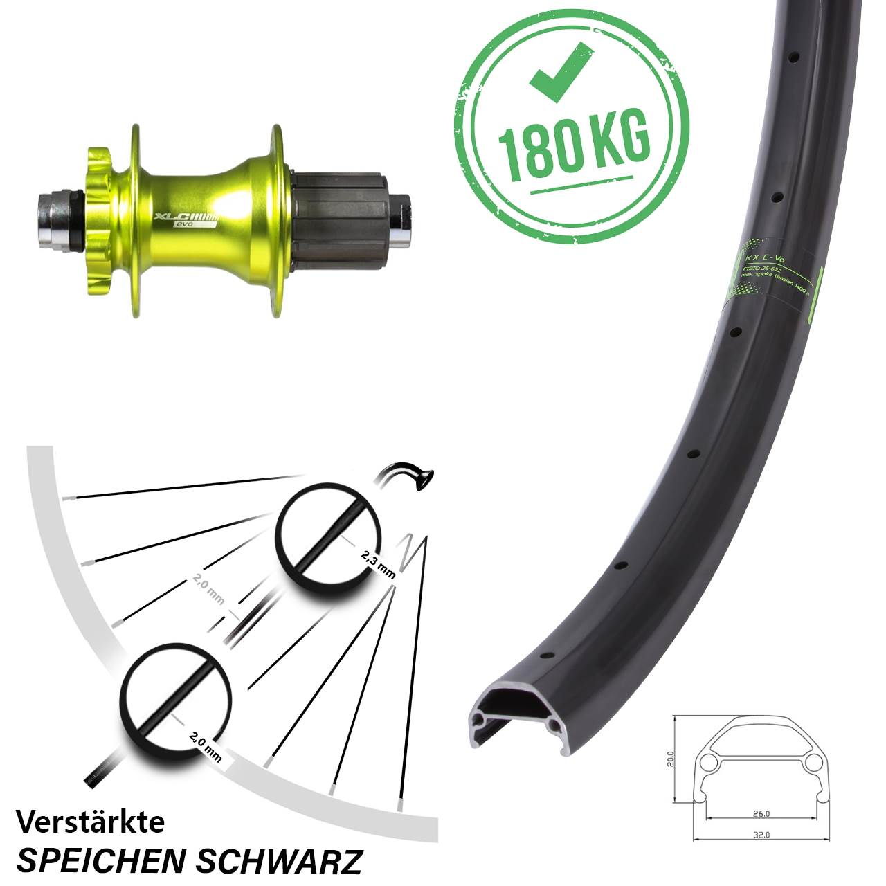 KX Evo Disc Lastenrad E-Bike Hinterrad 29 Zoll mit XLC Nabe 12x142 mm grün eloxiert 8-11 fach