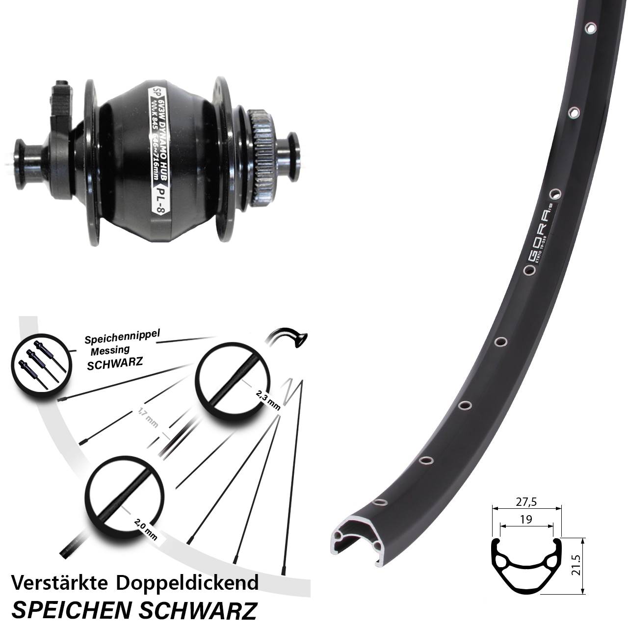 26 Zoll Gora 19 SP PL-8 Centerlock Vorderrad mit Nabendynamo für Schnellspanner