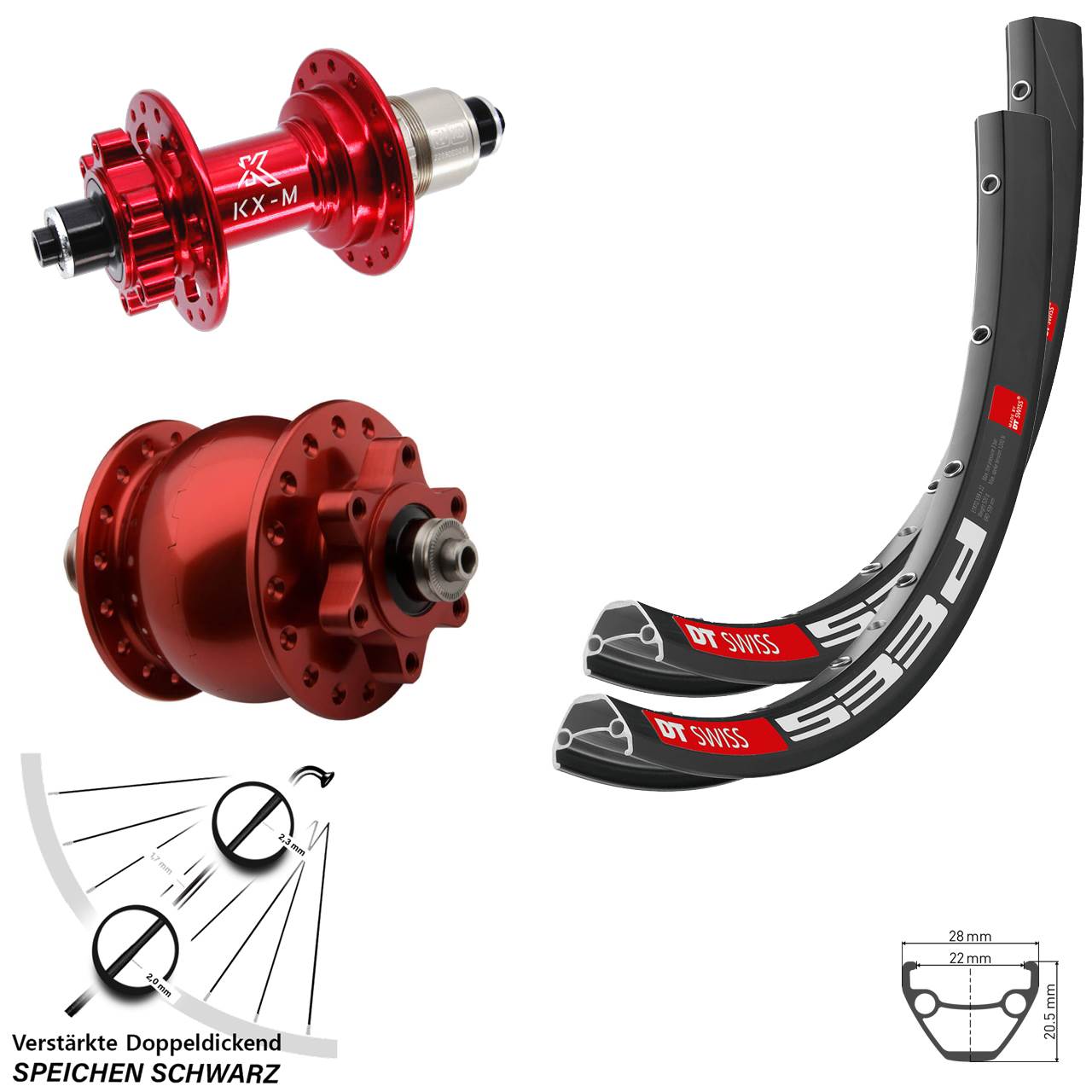 DT Swiss 533d KX-M rot SON 28 26 Zoll 6-Loch Laufradsatz QR XD 11-12 fach