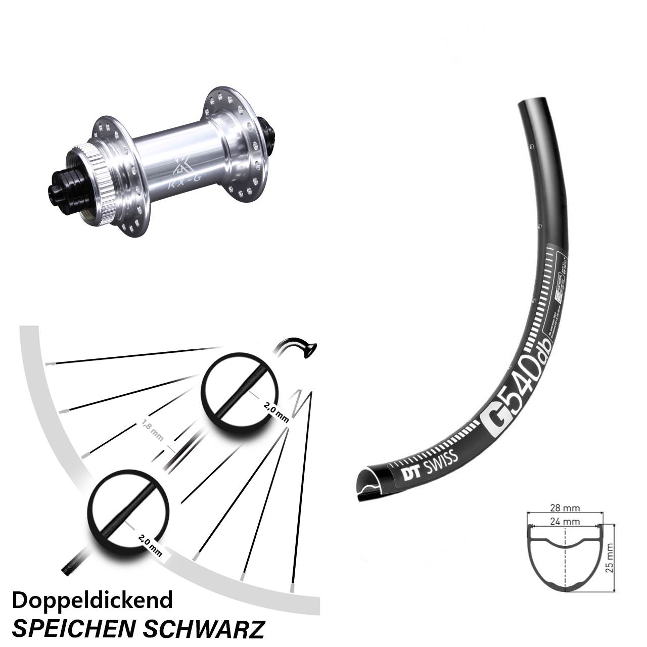 28-29 Zoll Vorderrad KX-G silbern Schnellspanner DT Swiss G 540 Centerlock Gravel