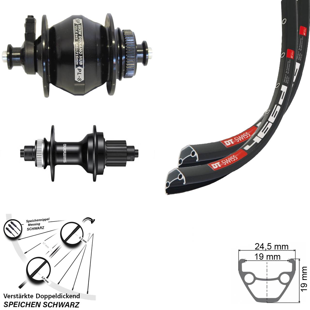 28 Zoll DT Swiss 466d Laufradsatz Shutter Precision Nabendynamo Centerlock schwarz