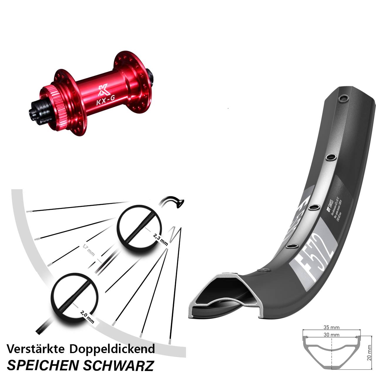 27,5 Zoll DT Swiss F 572 KX-G rot Disc Laufrad für Schnellspanner