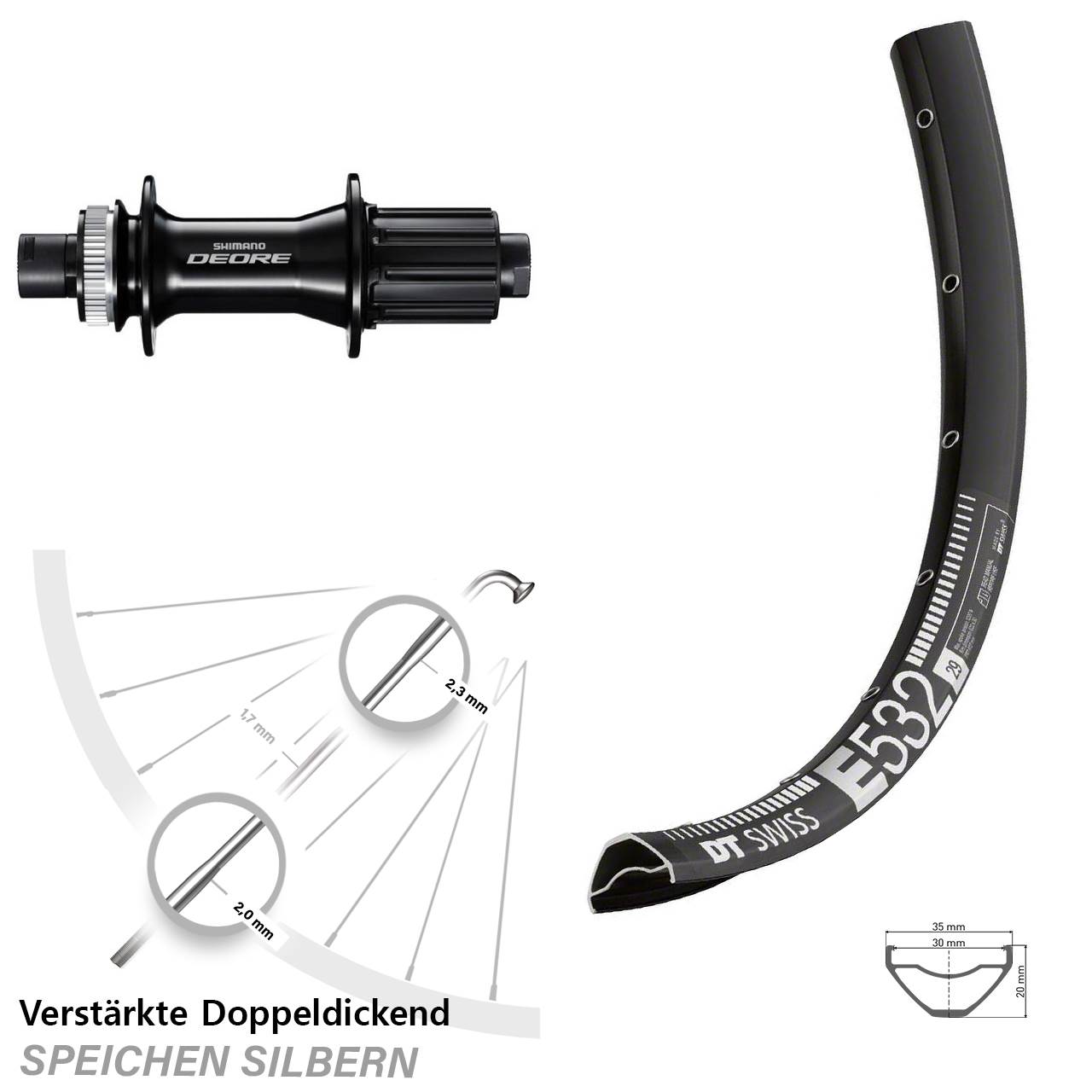 29 Zoll DT Swiss E 532 Shimano Deore Disc Laufrad 12x148 8-11 fach HG