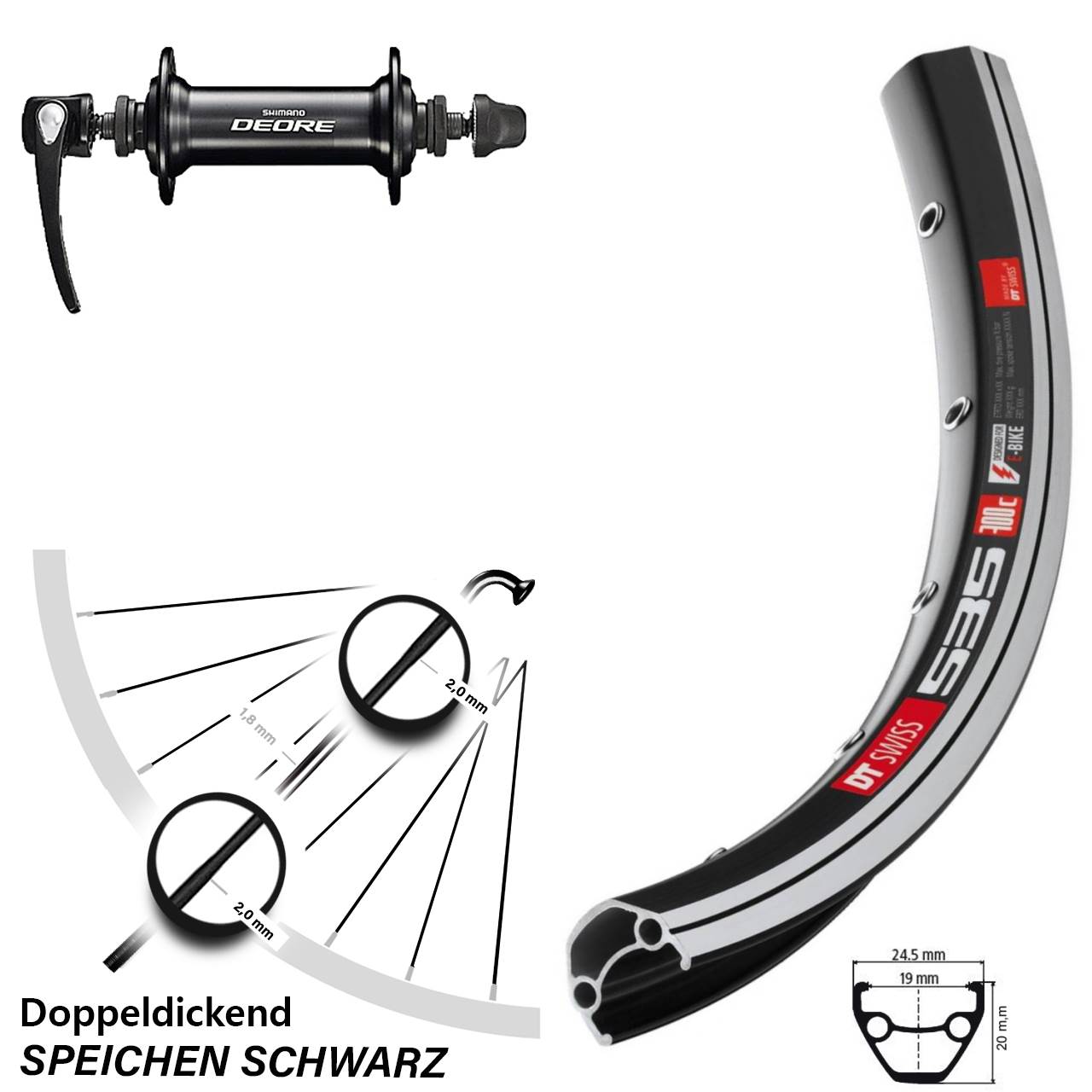 Vorderrad 28 Zoll Shimano Deore T610 DT Swiss 535 5x100 schwarz