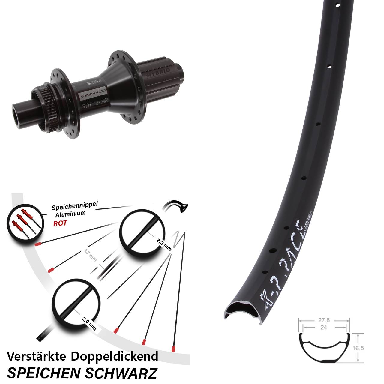 Disc Hinterrad 28 Zoll KX-R Race DT Swiss 370 Hybrid 8-11 fach HG 12x142