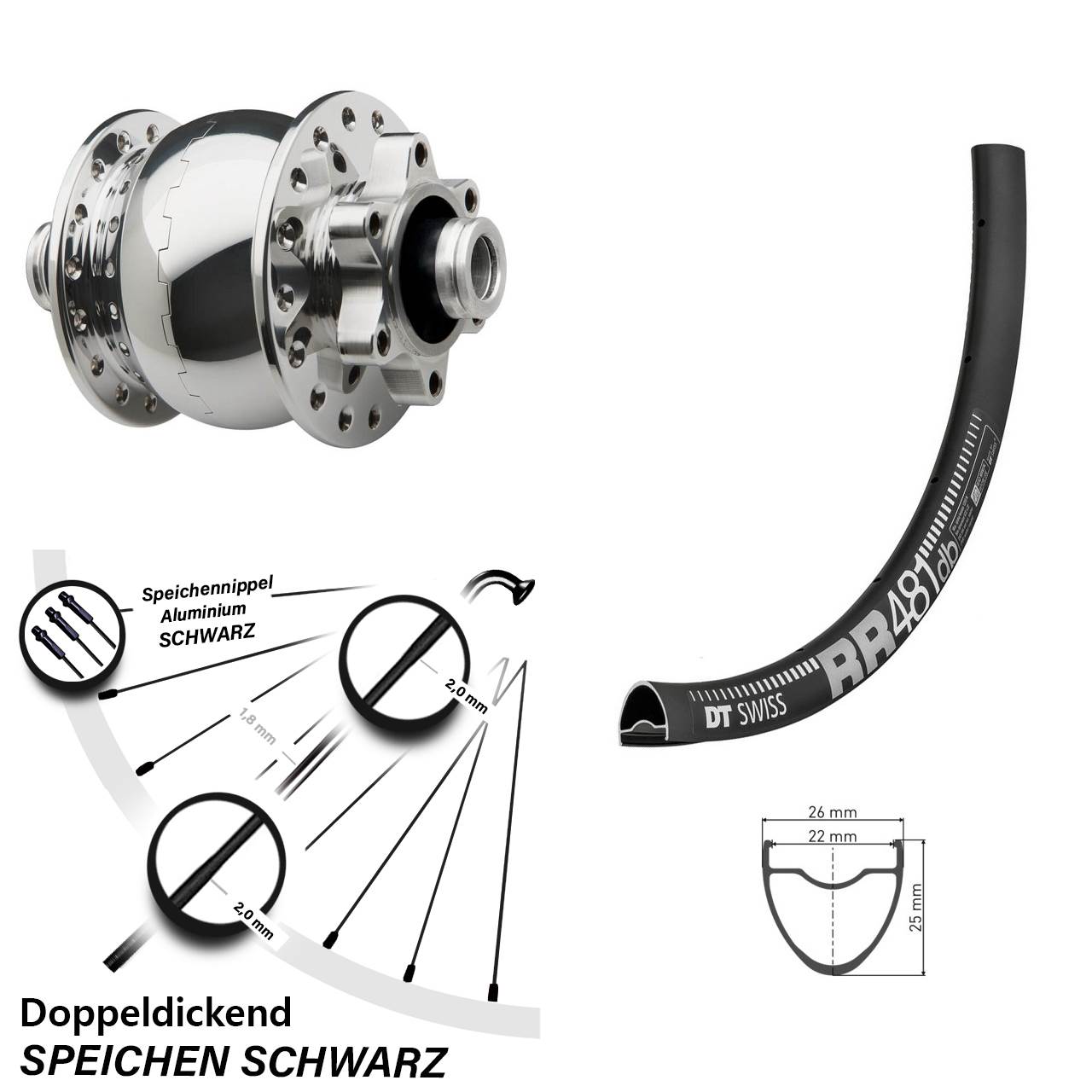 28 Zoll Vorderrad mit Nabendynamo DT Swiss RR 481 Son 28-12 silbern poliert Steckachse