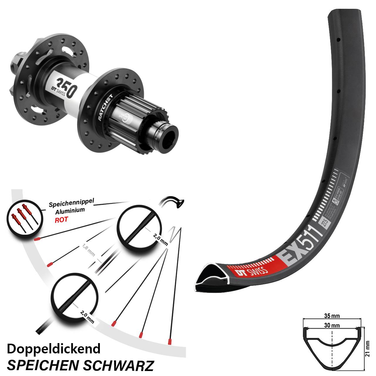 27,5 Zoll DT Swiss EX 511 Hinterrad 350 6-Loch Micro Spline 12x148
