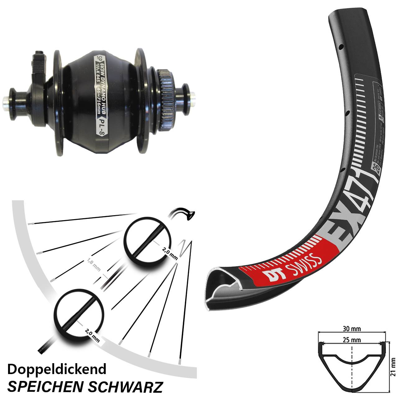 Disc Nabendynamovorderrad 26 Zoll DT Swiss EX471 Shutter Precision PL-8 für Schnellspanner