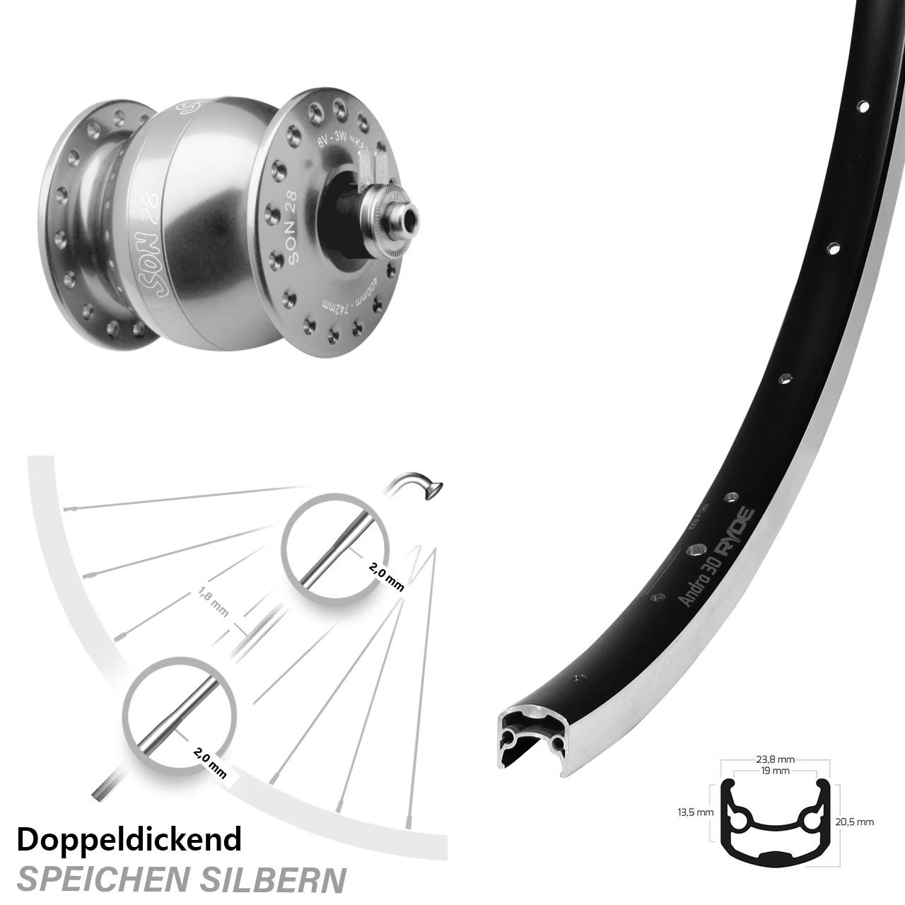 Ryde Andra 30 SON 28 Zoll Nabendynamo Vorderrad QR