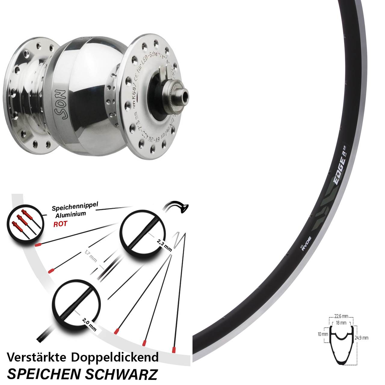 SONdelux wide body Ryde Edge R25 28 Zoll Nabendynamovorderrad für Schnellspanner