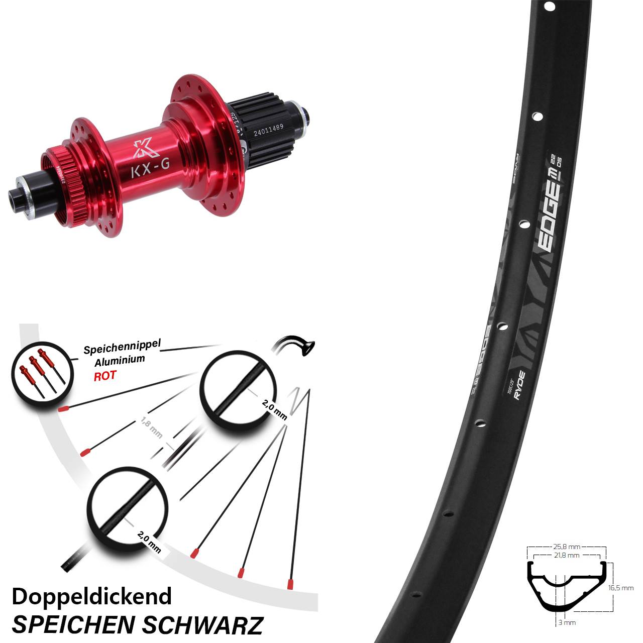 Ryde Edge M22 28 Zoll Hinterrad KX-G rot Micro Spline