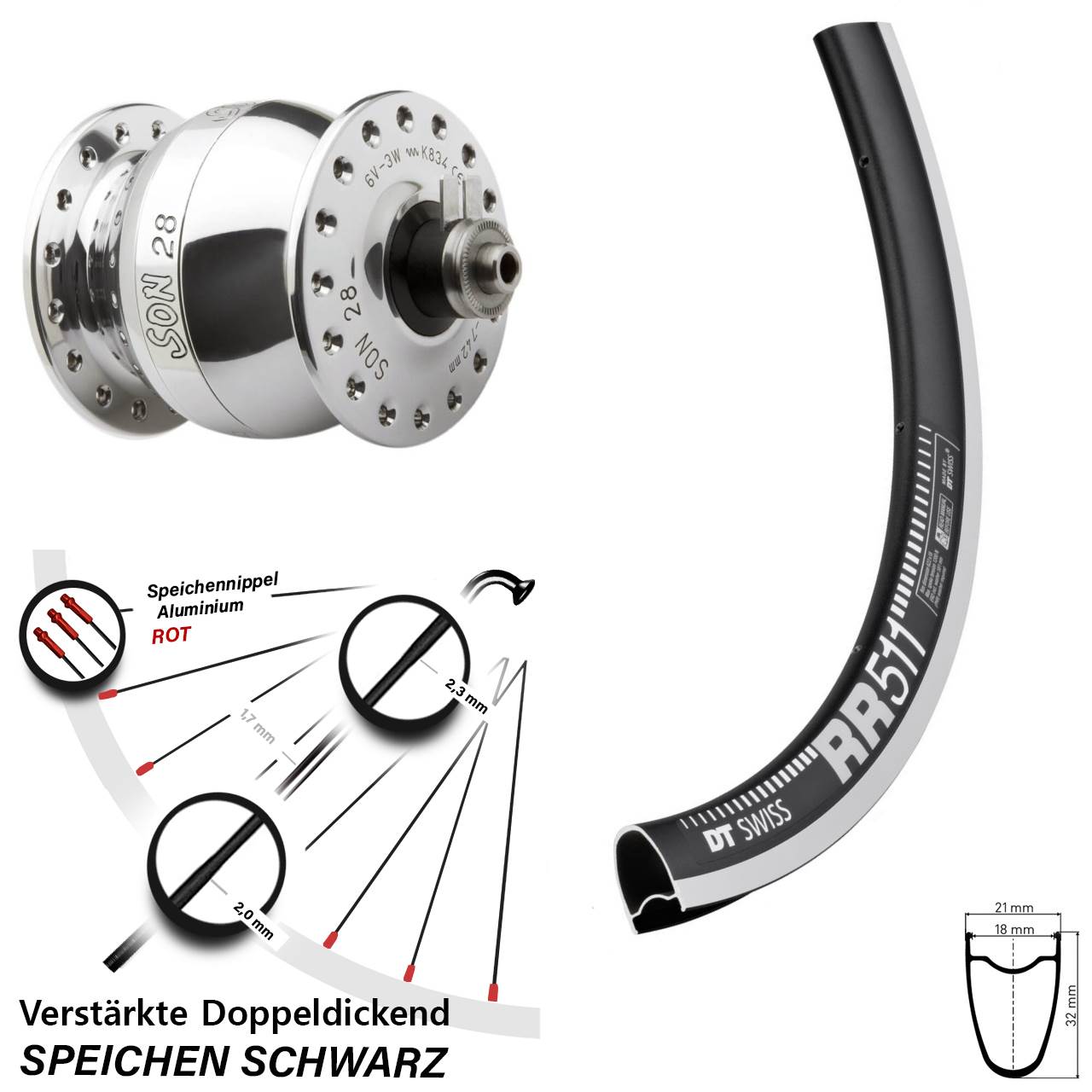 Nabendynamo-Vorderrad SON 28 Zoll DT Swiss RR 511 für Schnellspanner