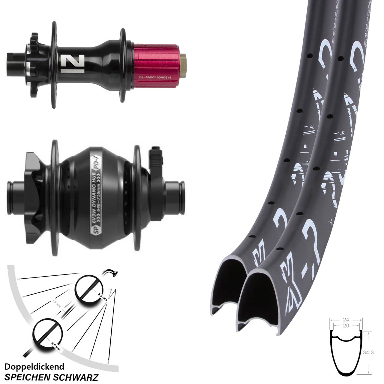 Laufradsatz Novatec 11-fach Dynamo Shutter PD-7 Steckachse KX-R Road 6-loch Disc