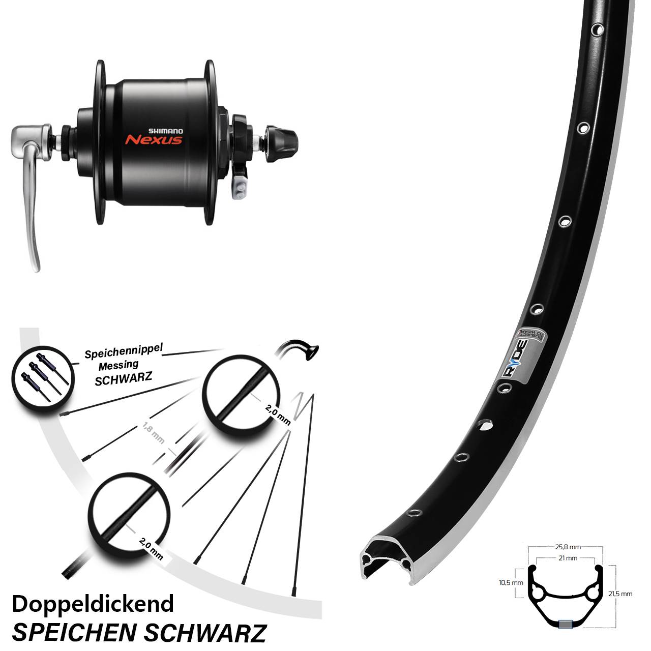 Nabendynamolaufrad für Schnellspanner 28 Zoll Ryde ZAC 421 Shimano Nexus DH-C3000