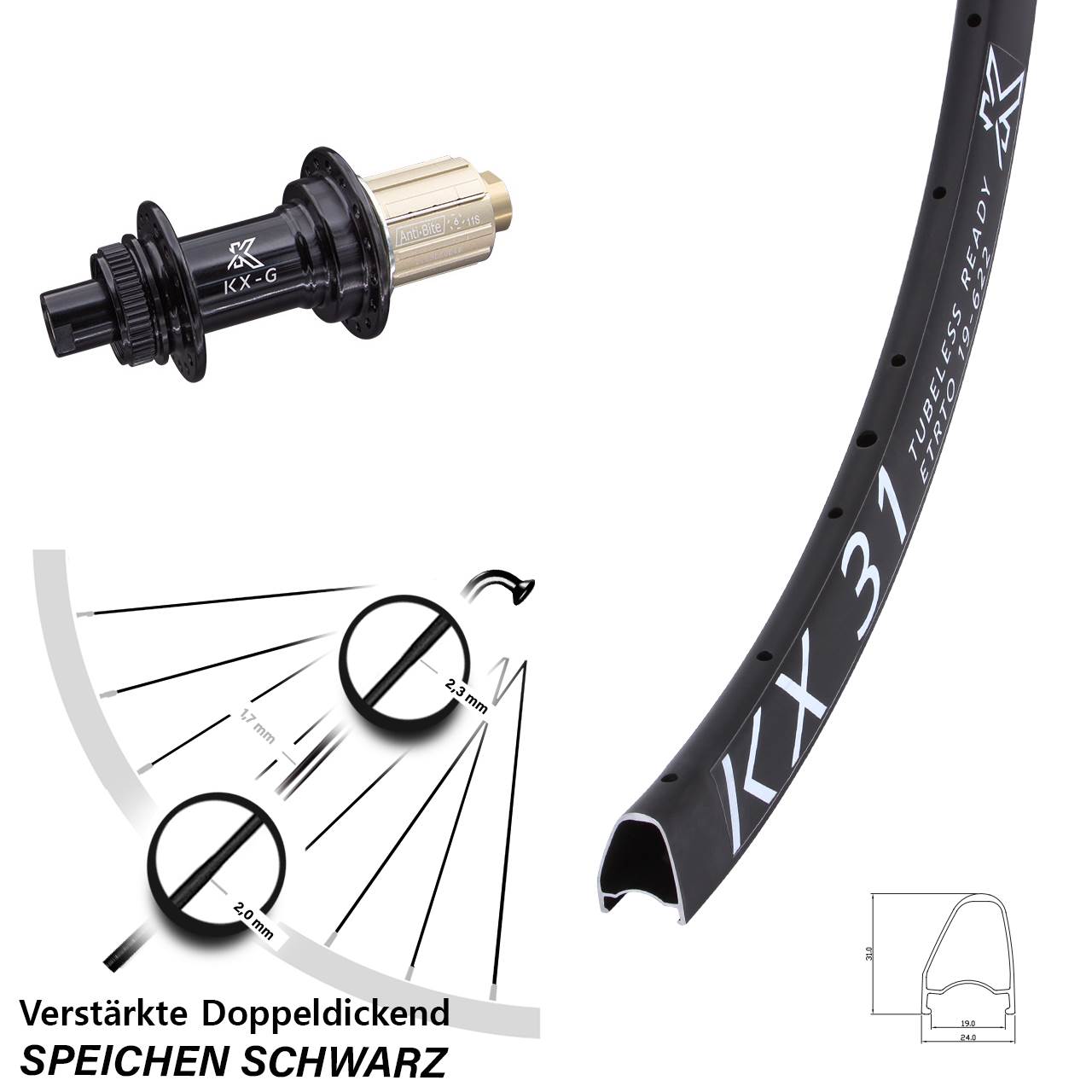 28 Zoll KX 31 Offset Steckachse Hinterrad Centerlock 12x142 8-12 fach HG