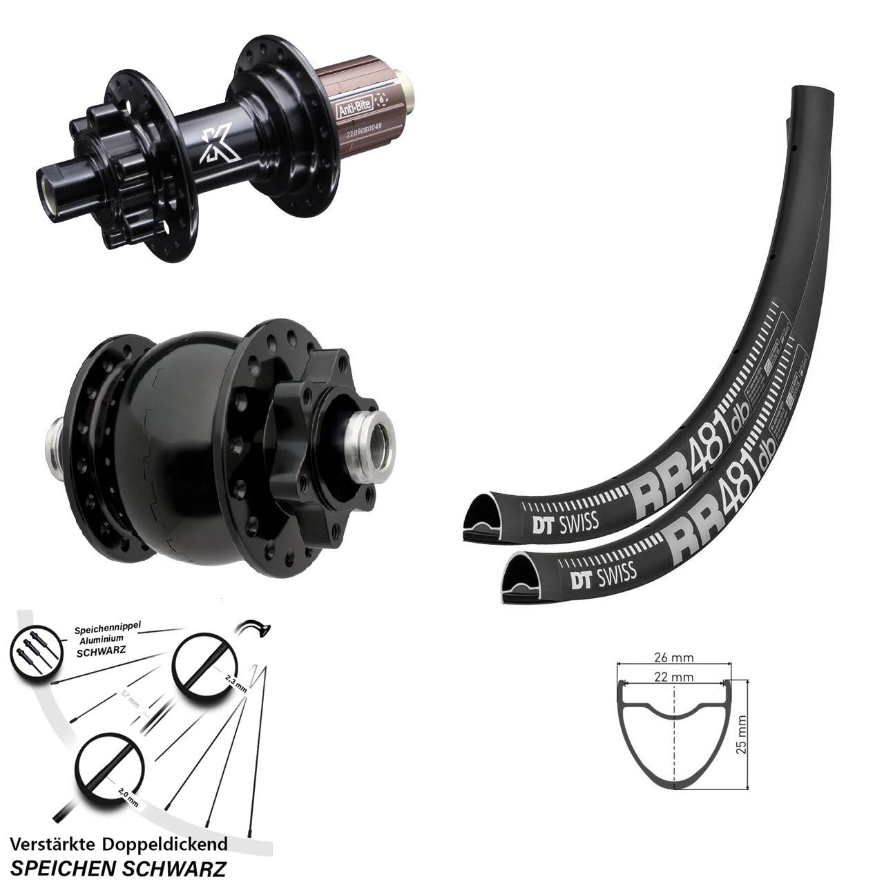 28 Zoll Laufradsatz DT Swiss RR 481 Disc 11-fach 142x100 KX-M 6-loch SON Dynamo 28-12