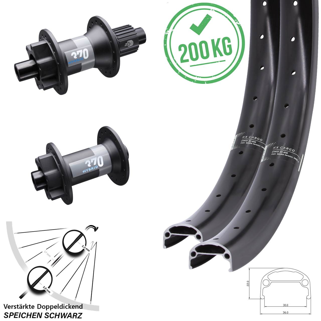 KX Cargo DT Swiss 370 Hybrid 20 Zoll Laufradsatz 6-Loch Boost Micro Spline
