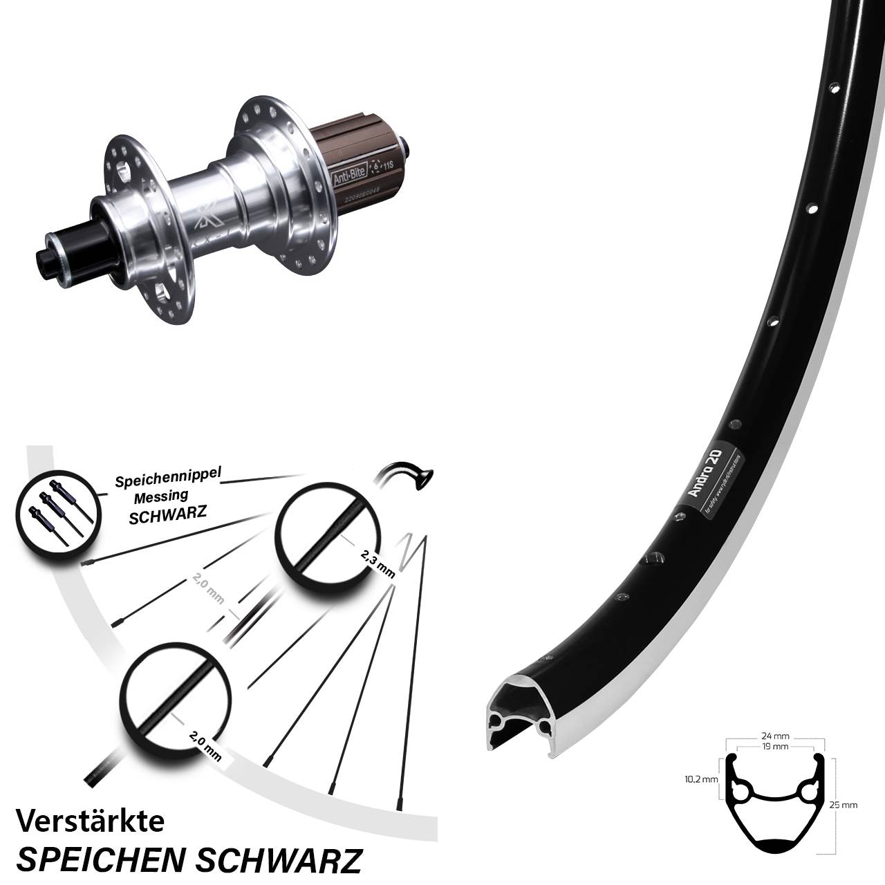 Hinterrad 28 Zoll Ryde Andra 20 Felgenbremse 8-11 fach KX-T Nabe verstärkt silbern