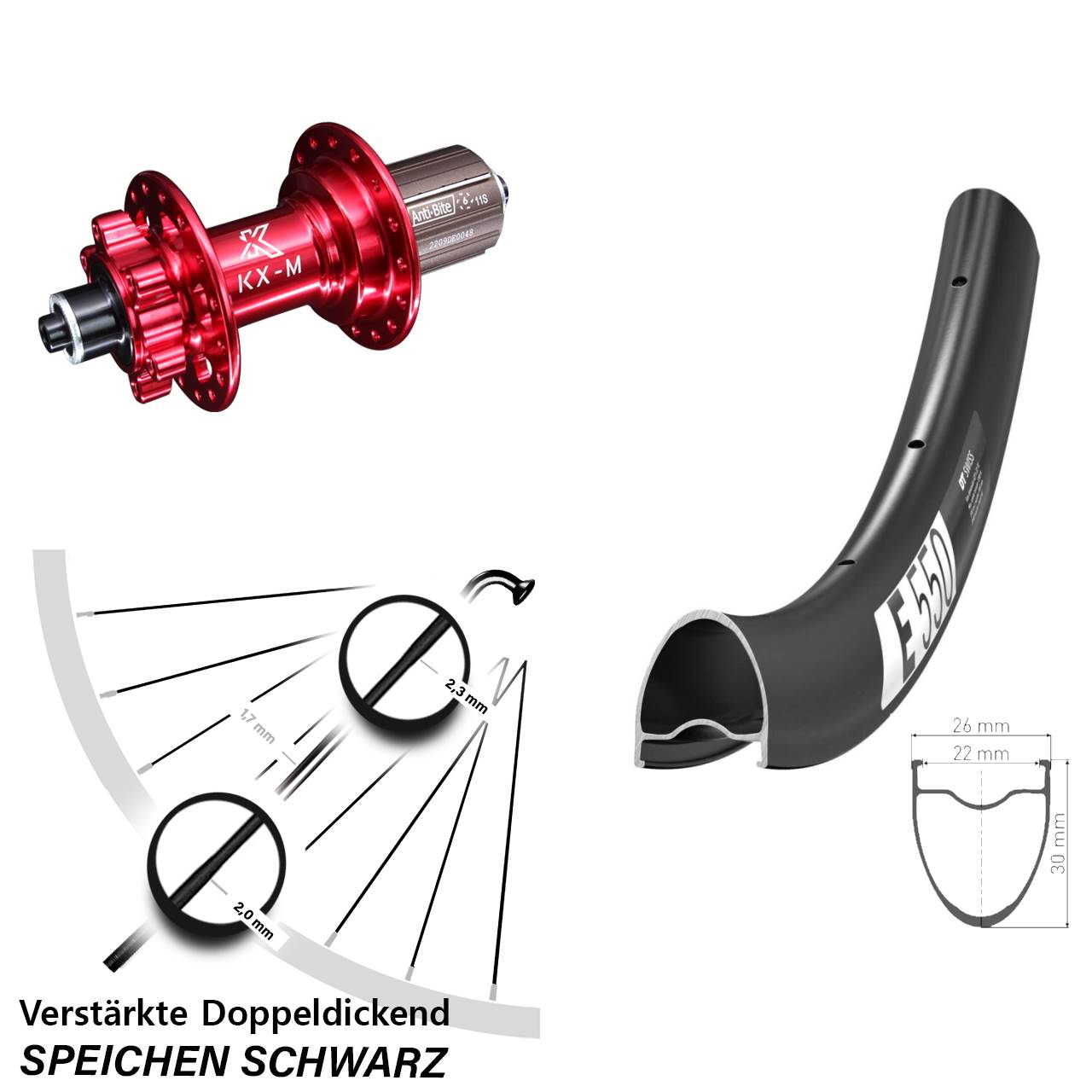 6-Loch Hinterrad QR 28 Zoll DT Swiss E550 KX-M rot 8-12 fach