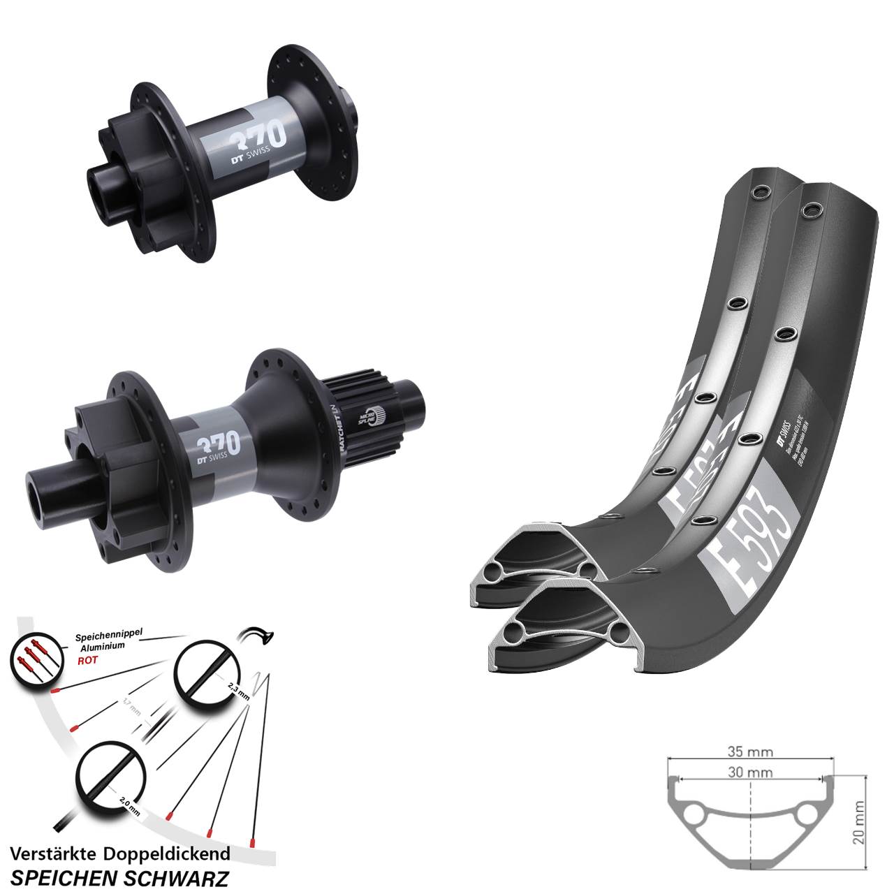 DT Swiss E 593 DT Swiss 370 27,5 Zoll Disc Laufrad-Satz 15x100 12x142 Shimano Micro Spline
