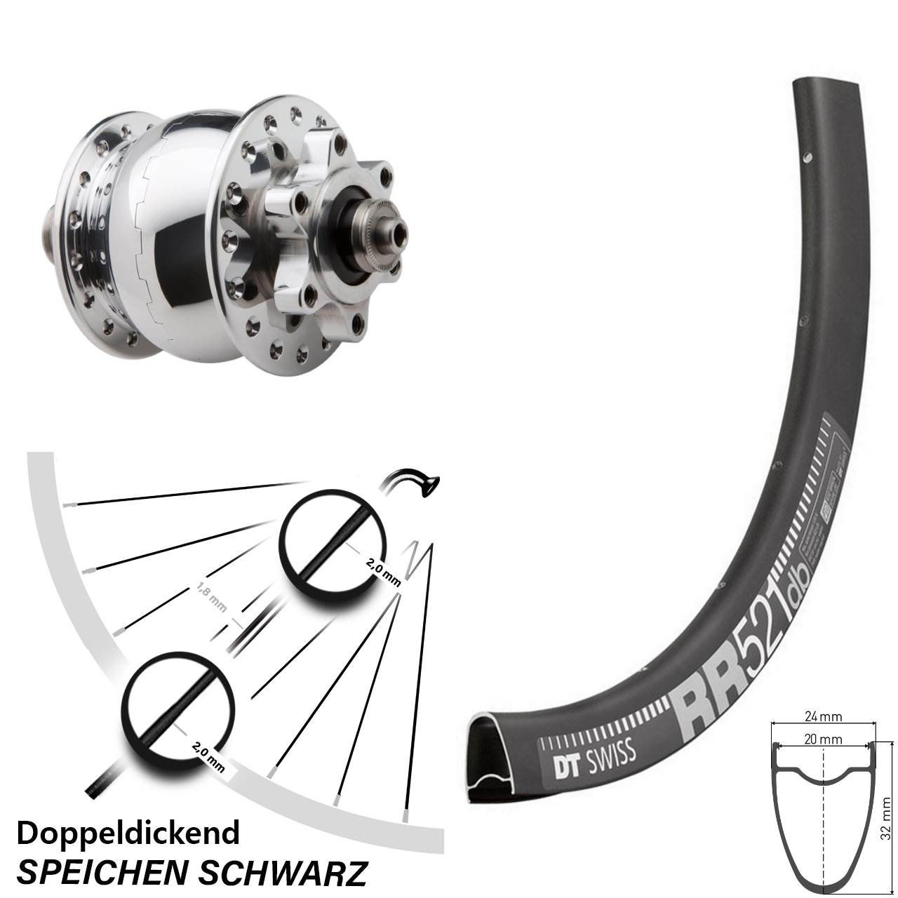 Disc Nabendynamolaufrad QR DT Swiss RR 521 SON 28 Zoll poliert