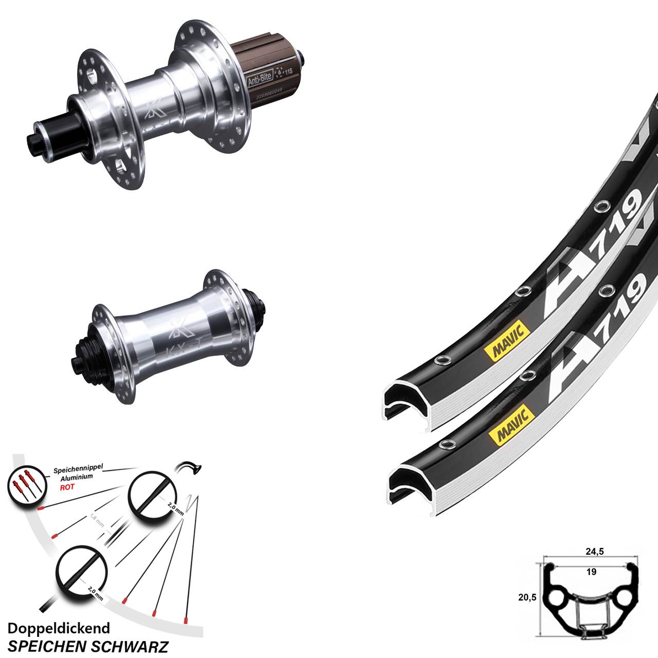 Mavic A719 silbern KX-T 4 Kugellager 28 Zoll Laufrad-Satz QR 8-12 fach HG