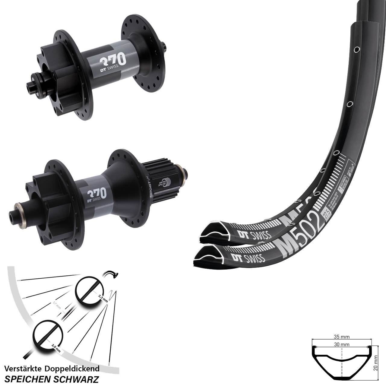 27,5 Zoll DT Swiss M502-370 Hybrid Laufradsatz 6-Loch QR Shimano Micro Spline